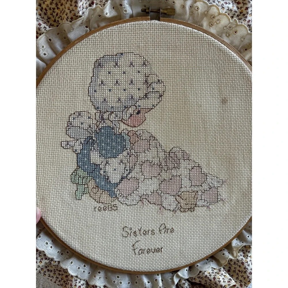 Handmade 'Sisters Are Forever' Cross-Stitch Wall Decor in Cream and Blue